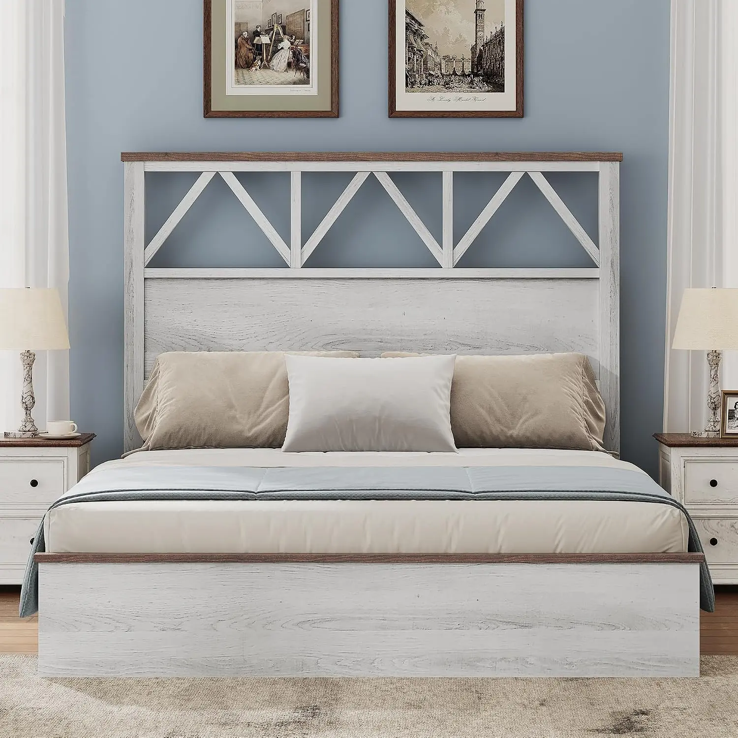 YITAHOME Simple Full Size Farmhouse Bed Frame with 47.2" High Headboard, White & Brown Two-Tone | Vintage Wooden Platform Bed with Wood Slats, Stable & Silent, No Box Spring Required