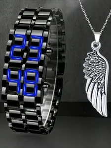1pc Fashionable LED Stainless Steel Men Watch + 1 Necklace Fashion Watch Set