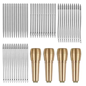 Sewing Awl Needles, 52Pcs Leather Sewing Kit 36Pcs Straight Needle + 12Pcs Curved Crochet Needle + 4Pcs Copper Handle US