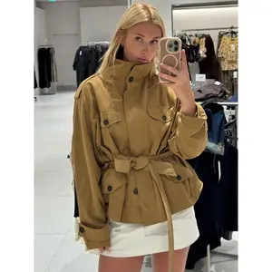 Camel Cropped Trench Jacket Belted Waist Stand Collar Jacket Multiple Flap Pockets Shoulder Accents  Streetwear Casual Women's Layered Outerwear