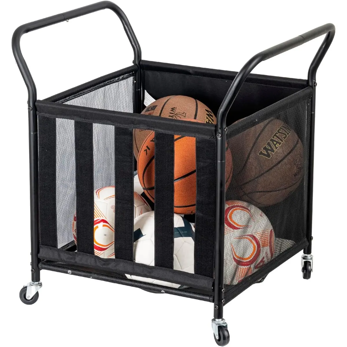 Mesh Fabric Multi Sports Ball Storage Rolling Cart With Matte Black Metal Frame and Angled Handles For Garage, Gym or Playground-Basketball, Soccer Ball Cage Equipment Basket With Caster Wheels