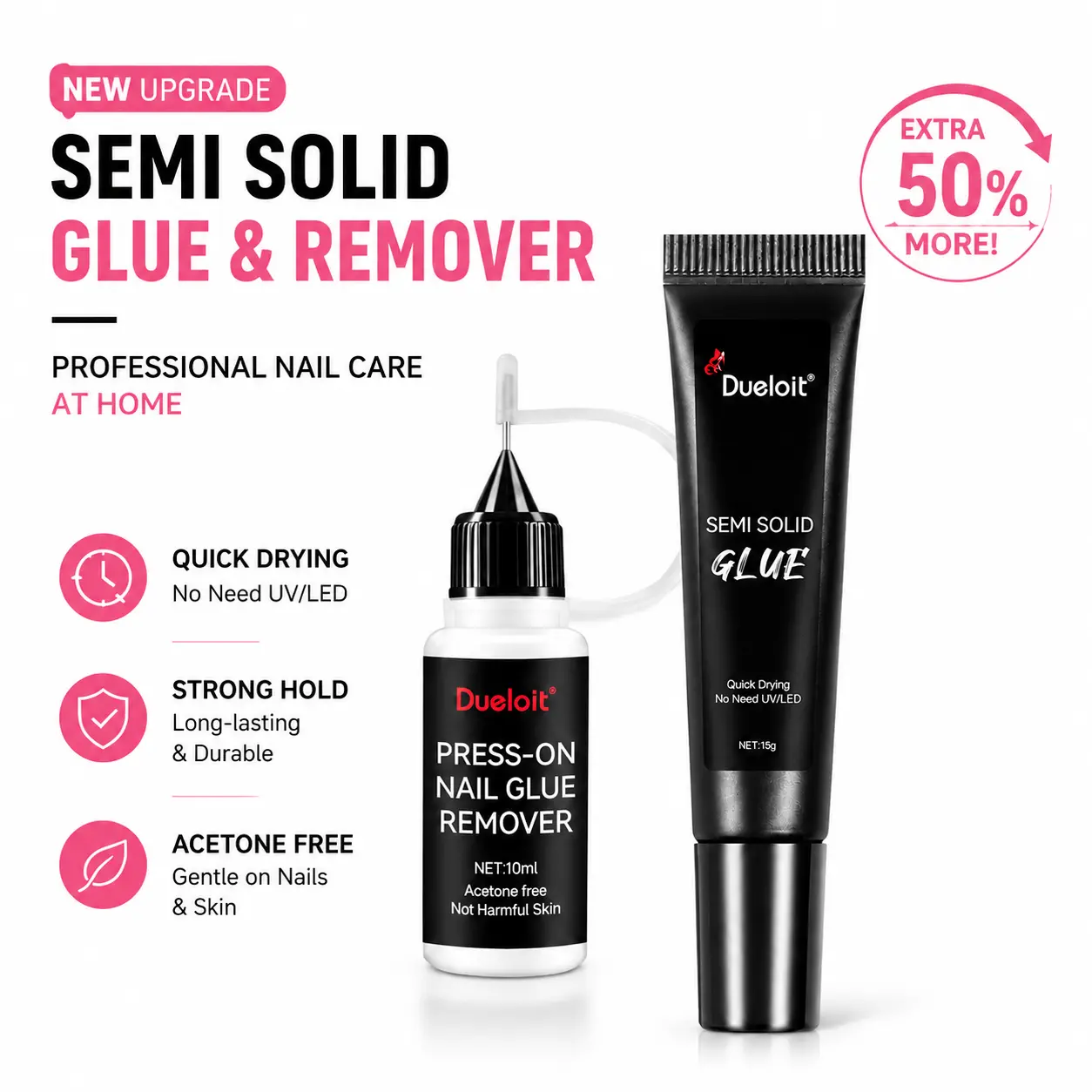 New Upgrade 15g Fast-Drying Semi-Solid Nail Glue & 10ml Remover Kit - Long-Lasting Adhesive Gel for Press-On, Acrylic Tips, Professional Extensions - Easy Application, No UV Lamp Needed, Home & Salon Use