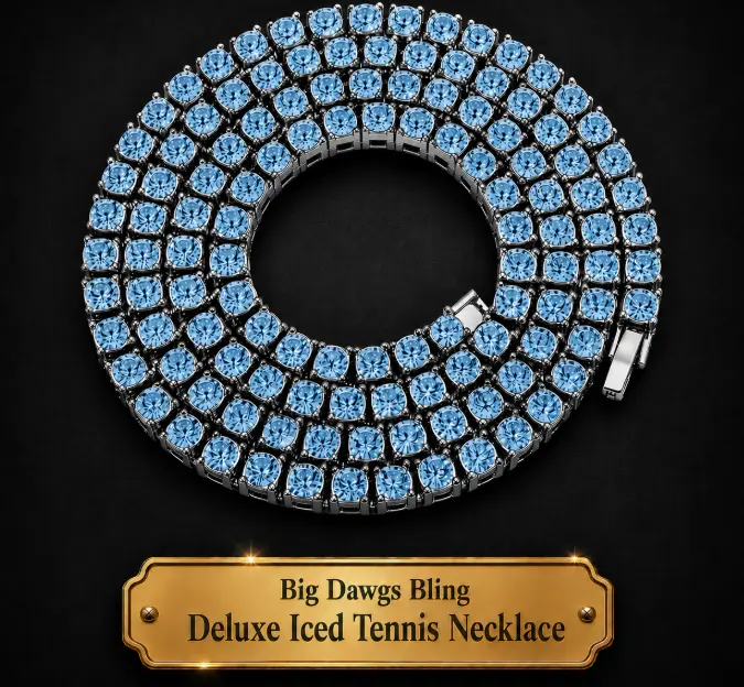 Silver Iced CZ Row Tennis Baseball Chain Necklace Miami Blue