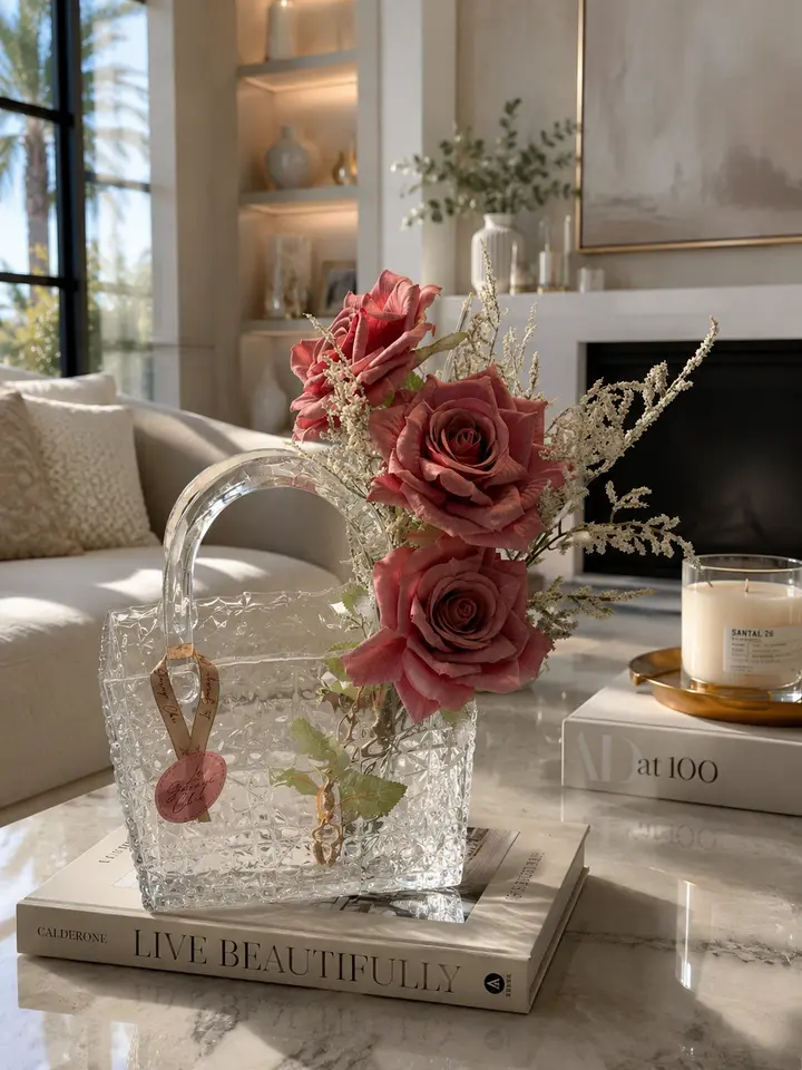 Glass Handbag Vase, Home Decor Accent Vase for Living Room, Bedroom Tabletop Home Supplies