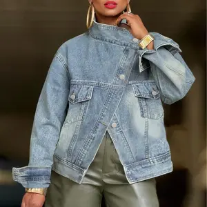 Women'S Stand Collar Diagonal Button Denim Jacket - Slim Fit Light Washed Casual Coat with Chest Pocket & Single-Breasted Front, Structured Long Sleeve Winter Outerwear for Daily Commute & Layering, Non-Stretch Durable Fabric (No Belt Loops) - Versa