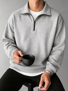 Men's Classic Versatile Solid Color Half-Zip Fitted Sweatshirt, Essential Fleece Lined Pullover for Fall & Winter Casual Wear