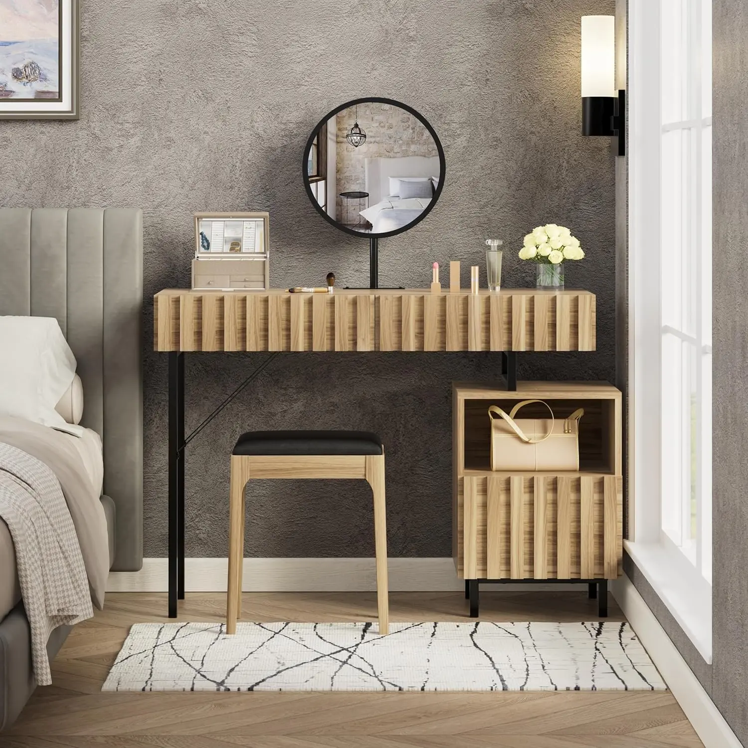UEV Wood Vanity Desk with Mirror,Makeup Vanity Set with Drawer Chest,Vanity Dressing Table Makeup Desk Set with Storage Space for Bedroom(Wood)