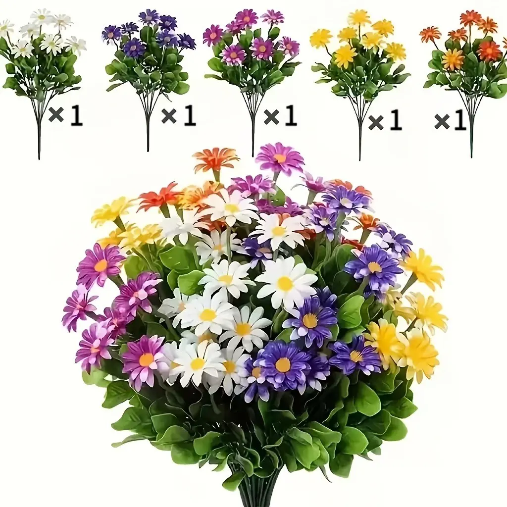 5Pcs Artificial Daisy Flowers Set, 5 Colors Fake Daisies Bouquet Bulk, Artificial Plants, Realistic Artificial Wildflowers for Home Decor, Wedding, Party, Garden, Simulation Flower Bunch, Plastic