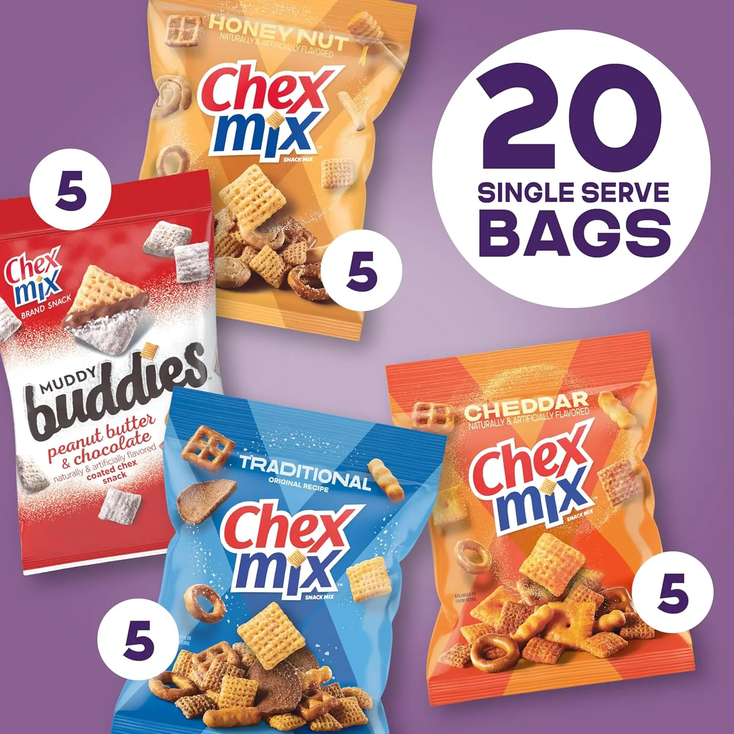 Sweet & Salty Snack Variety Pack – Muddy Buddies Peanut Butter & Chocolate, Chex Mix Traditional, Cheddar & Honey Nut, 20 Count, 35 oz