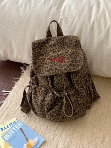 2026 New American Retro Leopard Print Backpack, Drawstring Dual Shoulder Bag, Large Capacity Washable Fabric, Casual Travel Backpack