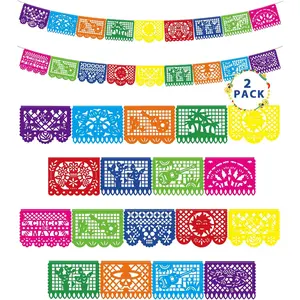 36 FT Cinco De Mayo Decorations, 2 Pack Mexican Party Banner, Plastic Fiesta Banner Colorful Papel Picado Hanging Banner String Flags Mexican Theme Party Dia De Los Muertos Day of the Dead Decor