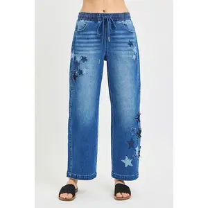 Star Patch Slouchy Barrel Jeans – Elastic Waist Indie Y2K Denim
