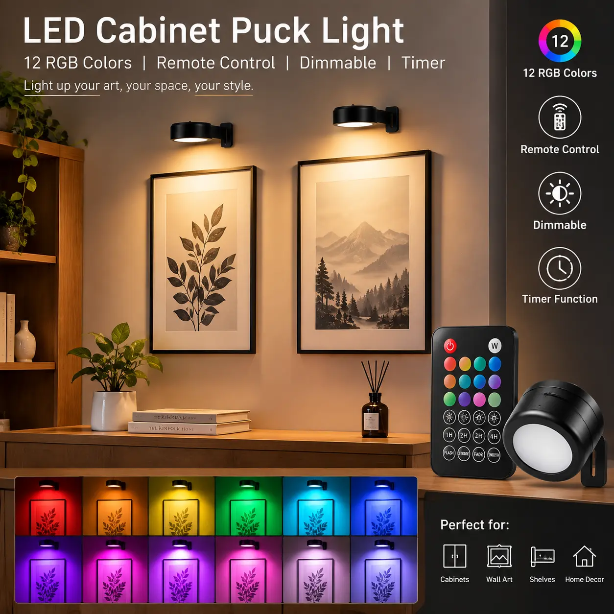 3 Pack Magnetic Wireless LED Wall Mount Ice Ball Lamp, 2000mAh Rechargeable RGB Dimmable Gallery Picture Light with Remote Control & Adjustable Magnetic Bracket, No Wiring Modern Minimalist Decor Wall Sconce for Bedroom, Apartment,B005