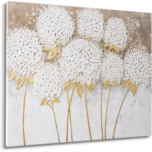 White Hydrangea Mural, hand-painted large canvas wall art, suitable for living rooms, 3D textured oil painting, simple and versatile wall decor, can be used for kitchen, bathroom, office, and bedroom wall decoration, available in multiple sizes., Artistic