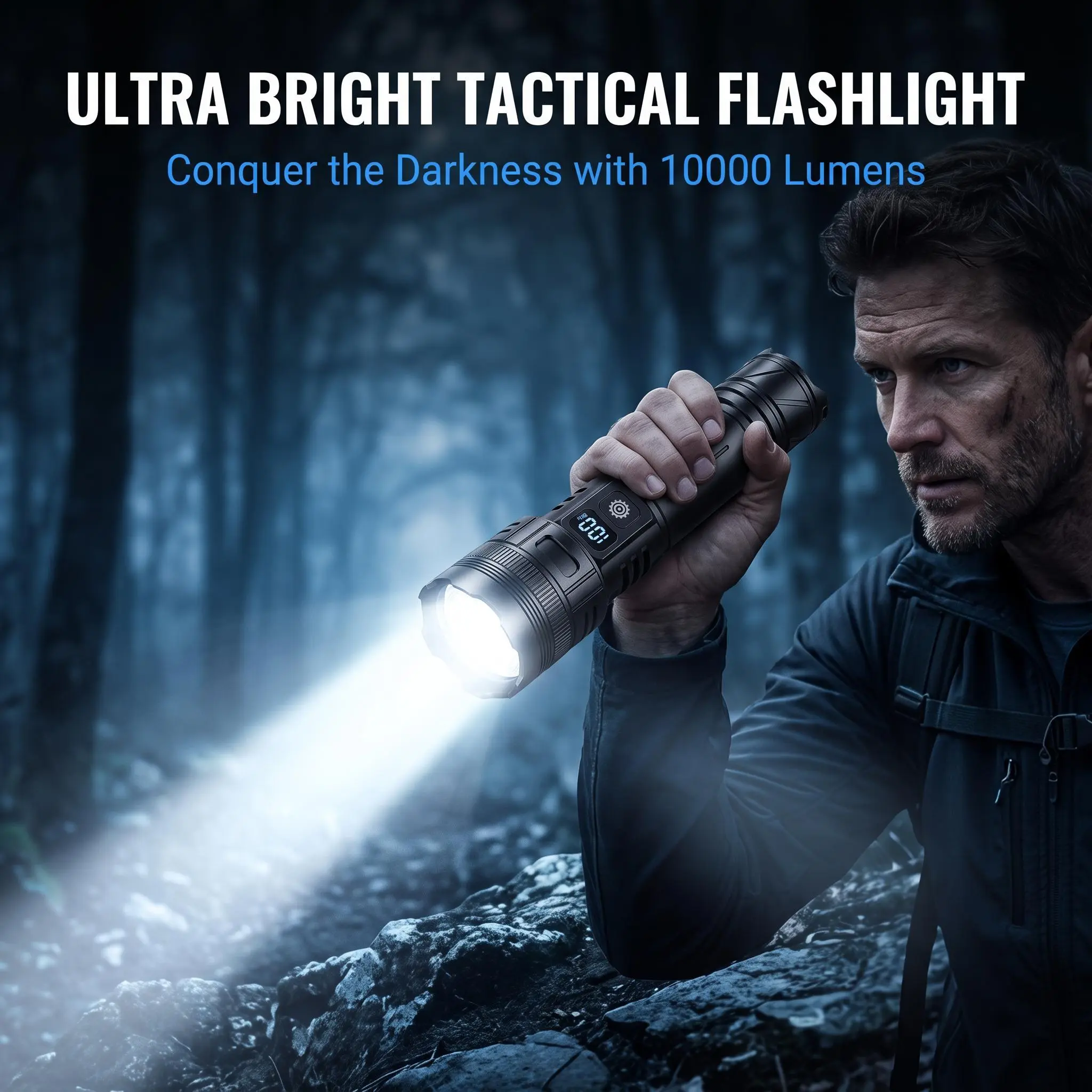 Ultra Bright Tactical Flashlight, Telescopic Zoom Rechargeable Flash Light with Digital Power Display, Waterproof LED Flashlight for Camping Hiking Emergency