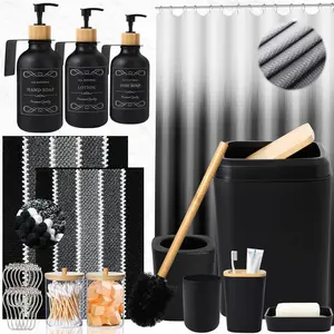 34PCS Black Accessories Sets Complete, with Shower, Rugs, and Brush, 3PCS 17oz Soap Dispenser Wall Mounted, Toothbrush Holder and Cup, Soap Dish, Qtip Holder
