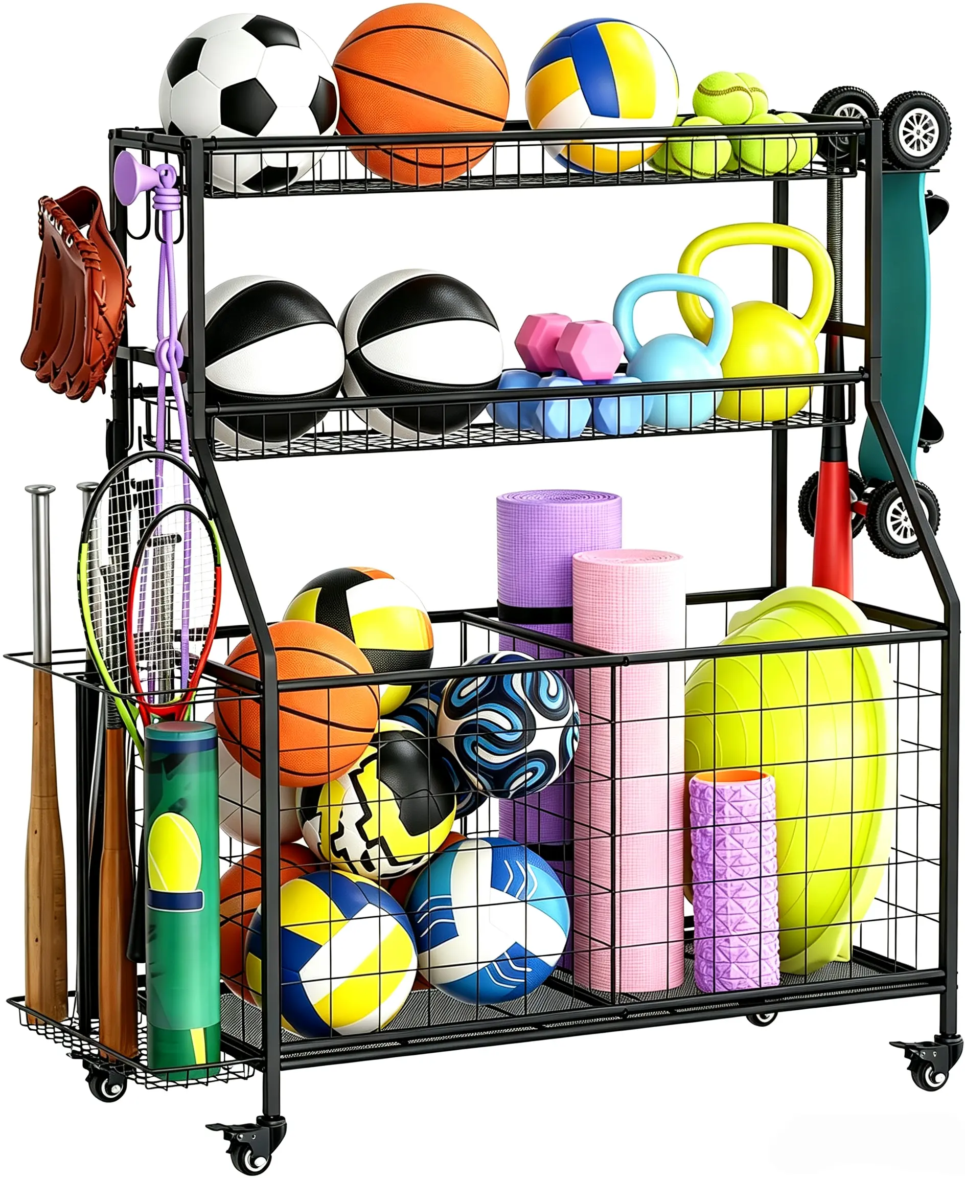 Sports Equipment Garage Organizer - Heavy Duty Garage Organization Ball Storage Rack with Basket, Hooks and Rolling Cart for Sports Gear and Toy Storage, Indoor/Outdoor Use, Black