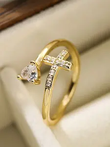 Trendy Cross & Heart Design Open Ring, Stylish Jewelry Accessory for Daily Decor, Perfect Gift Idea for Her Valentine's Day Gift