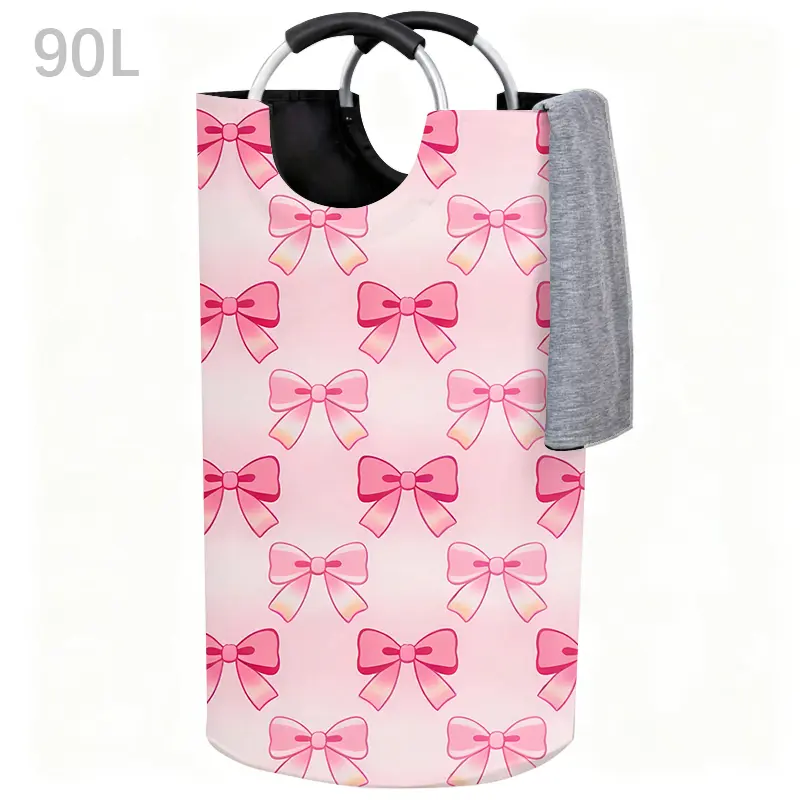 90L Big-Tall Cylindrical Pink Bow Pattern Laundry Basket with Aluminum Handles, Free Standing Large Clothes Storage Hamper, Ideal for Birthday Gifting