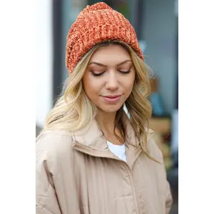 Rust Knit Velvet Chenille Fold Over Beanie