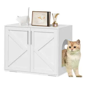 GARVEE Cat Litter Box Enclosure, Hidden cat Litter Box Furniture with with 2 Doors and Pads, Wooden Kitty Litter Box Cabinet Furniture (White, 1 Room)