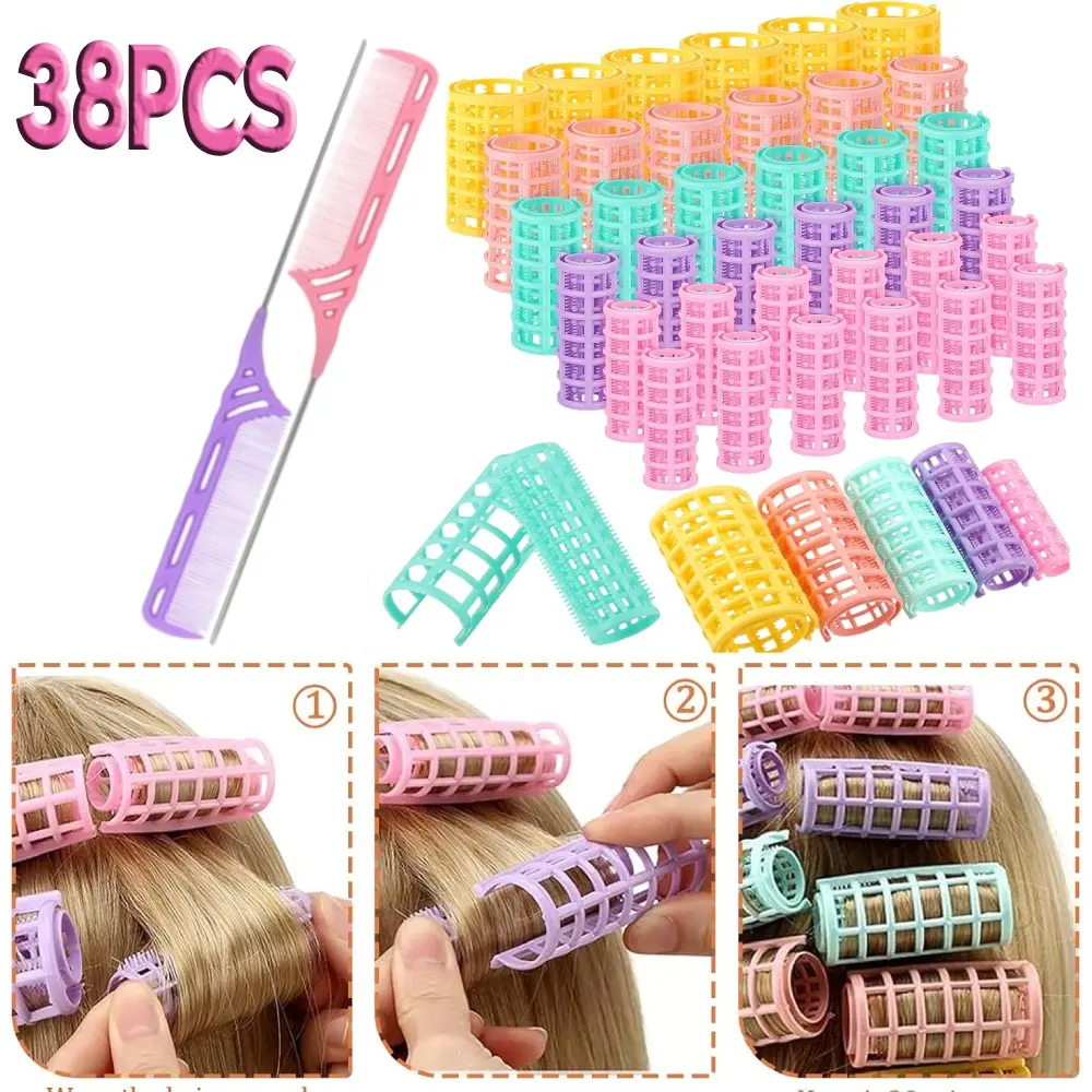 Hair Rollers Set for Women, 38-Piece Plastic Self Grip Curling Tool for Heatless Curls, 5 Sizes with 2 Combs, Hair Curling Tool