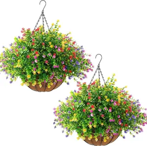 2 count Artificial Hanging  with  Basket Outdoor Realistic Hanging  with 12 Inch Coconut Lining Basket for Patio Lawn Garden Porch Decor(Colored)