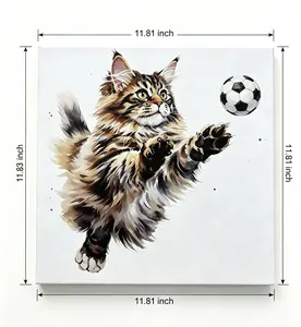Original Sporty Cat Chasing Soccer Ball Canvas Wall Art, 11.81"x11.81" Square Pine Wood Framed Art Drawing, Waterproof 12-Color Print Collectible Decor