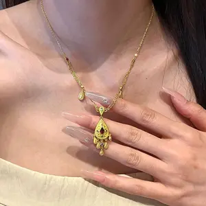 Retro palace style Water droplet tassel ruby necklace gemstone light luxury pendant for women party wedding fine jewelry