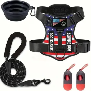 Reflective service dog harness set, includes leash, portable bowl, and waste bags - made of polyester fiber, adjustable soft Oxford cloth pet harness with 5 patches, suitable for small to large dogs  outdoor dog harness