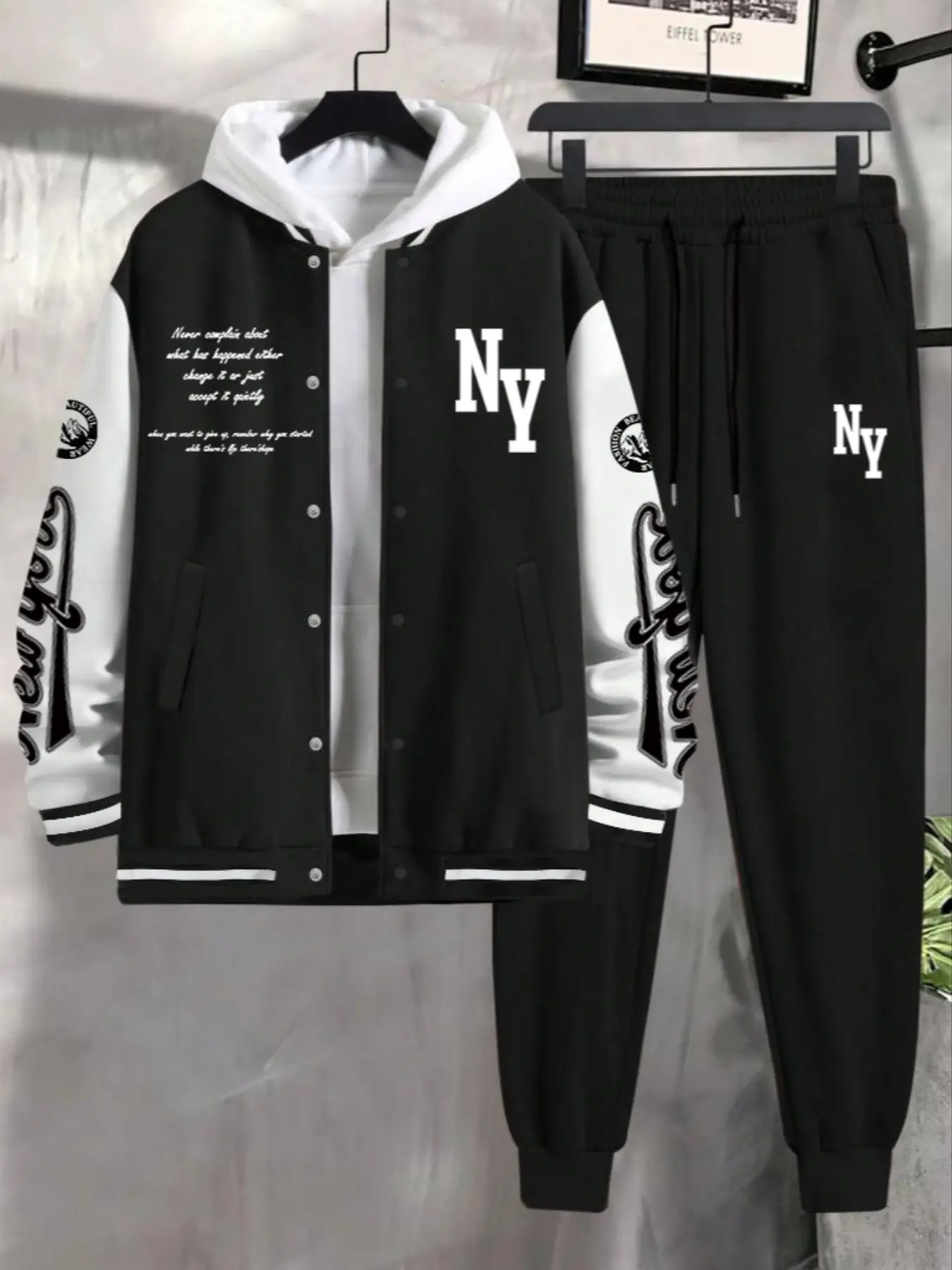 Men's Fall Winter Casual Baseball Jacket Coat + Drawstring Sports Pants Set, Trendy Basketball Print Color Block Team