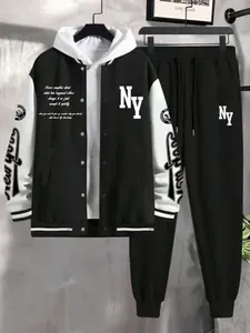 Men's Fall Winter Casual Baseball Jacket Coat + Drawstring Sports Pants Set, Trendy Basketball Print Color Block Team