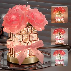 Romantic Rose Gifts for Girlfriend Wife Her,Rechargeable Cordless Touch Crystal Table Lamp,3-Colour Infinitely Dimming Small Night Light,Valentine's Day Anniversary Birthday Wedding Decor