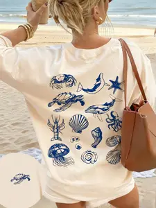 Women's Summer New Ocean Beach Starfish Dolphin Shark Shell Jellyfish Print Casual Holiday Loose Fit Soft Drape Fabric