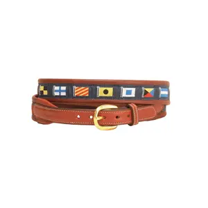 Tory Padded Leather Nautical Belt 26in Bk/Gry