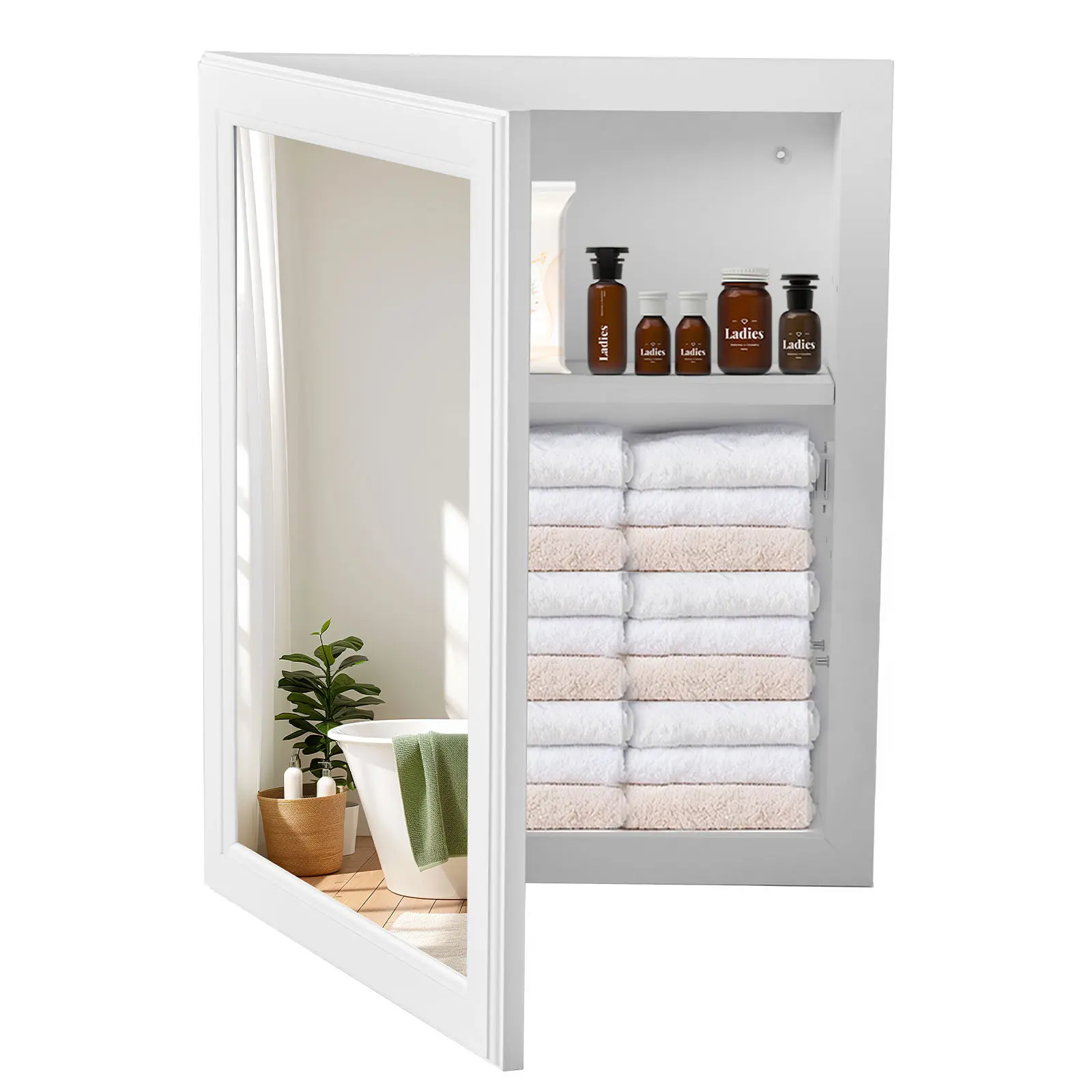 Bathroom Mirror with Storage Medicine Cabinet Adjustable Shelf Recessed Surface Wall Mount for Vanity Sink Crystal-Clear Reflection Steam-Resistant Glass Flexible Door Installation Whisper-Quiet Soft-Close Mechanism