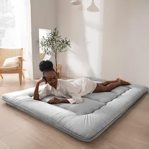 Japanese Floor Futon Mattress - Thick Roll-Up Guest Sleeping Pad, Foldable Tatami Floor Lounger Cushion Sofa, Queen Size Grey, Yoga & Pilates Mat Scrunchie