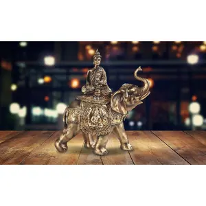 7.75"H Brass Color Thai Buddha Meditation on Elephant Statue Feng Shui Decoration Religious Figurine