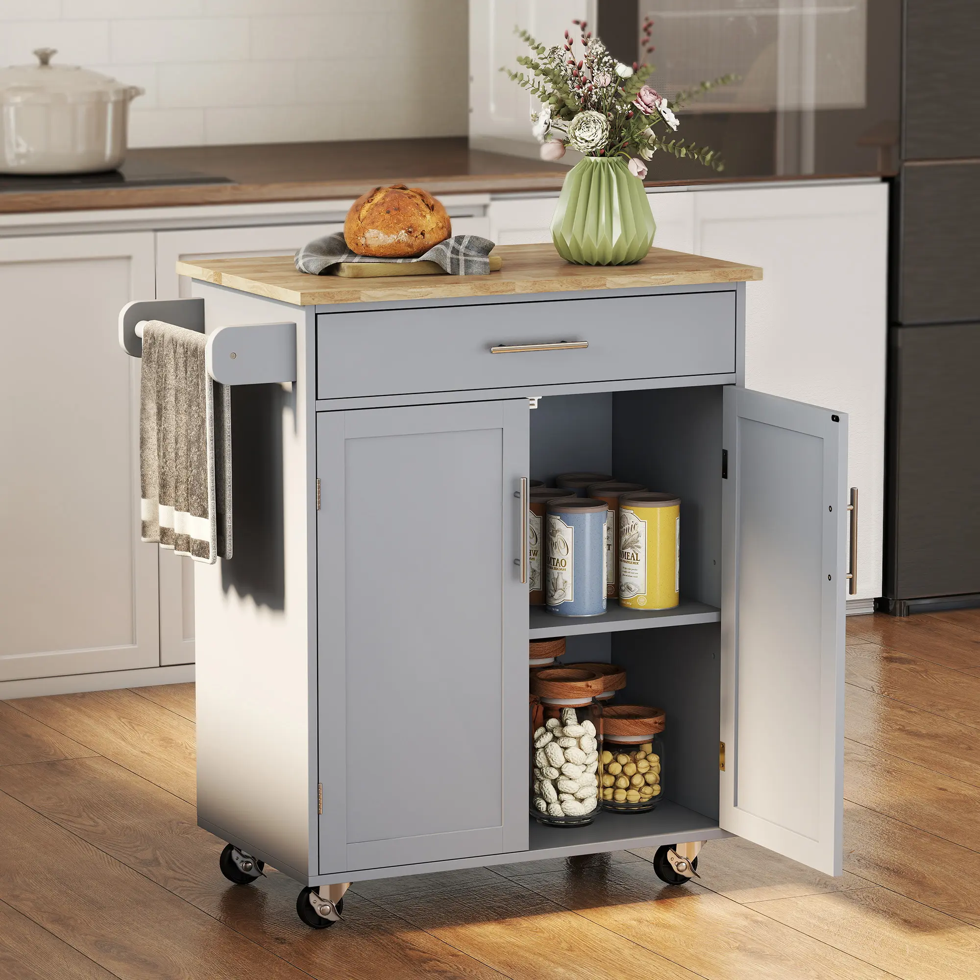 Gray Rolling Kitchen Island Cart with Solid Wood Butcher Block Top - Mobile Trolley Table with Storage Cabinet, Pull-Out Drawer, Built-In Towel Rack - Portable Prep Station for Small Kitchens, Apartments
