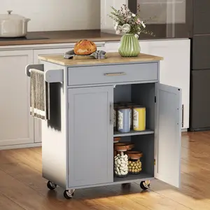 Gray Rolling Kitchen Island Cart with Solid Wood Butcher Block Top - Mobile Trolley Table with Storage Cabinet, Pull-Out Drawer, Built-In Towel Rack - Portable Prep Station for Small Kitchens, Apartments