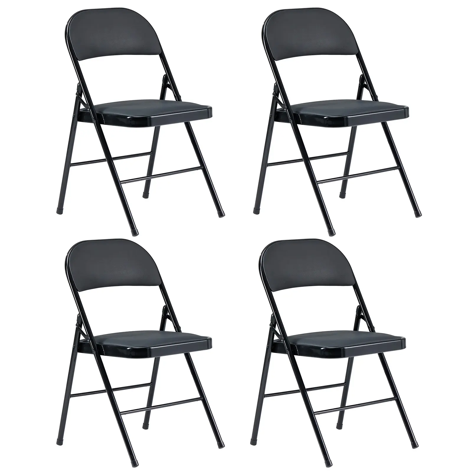 Set Of 4 Black Foldable Iron Frame Chairs, Padded PVC Seat & Backrest Fold-Up Event Chairs, Portable Stackable Fold Chairs For Convention, Exhibition, Wedding Banquet, Office & Indoor Daily Use