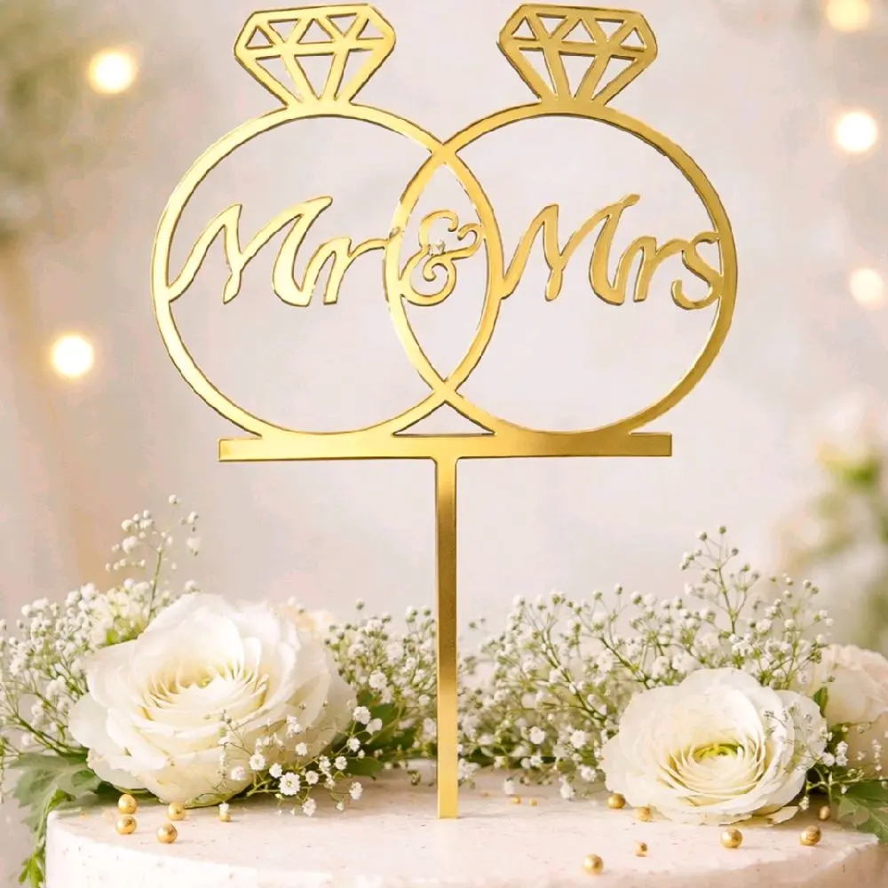 Mr&Mrs Gold Ring Cake Topper, 4x6 in Baking Decor, Elegant Wedding Cake Decorating Supplies, Premium Gold Celebrations Accent