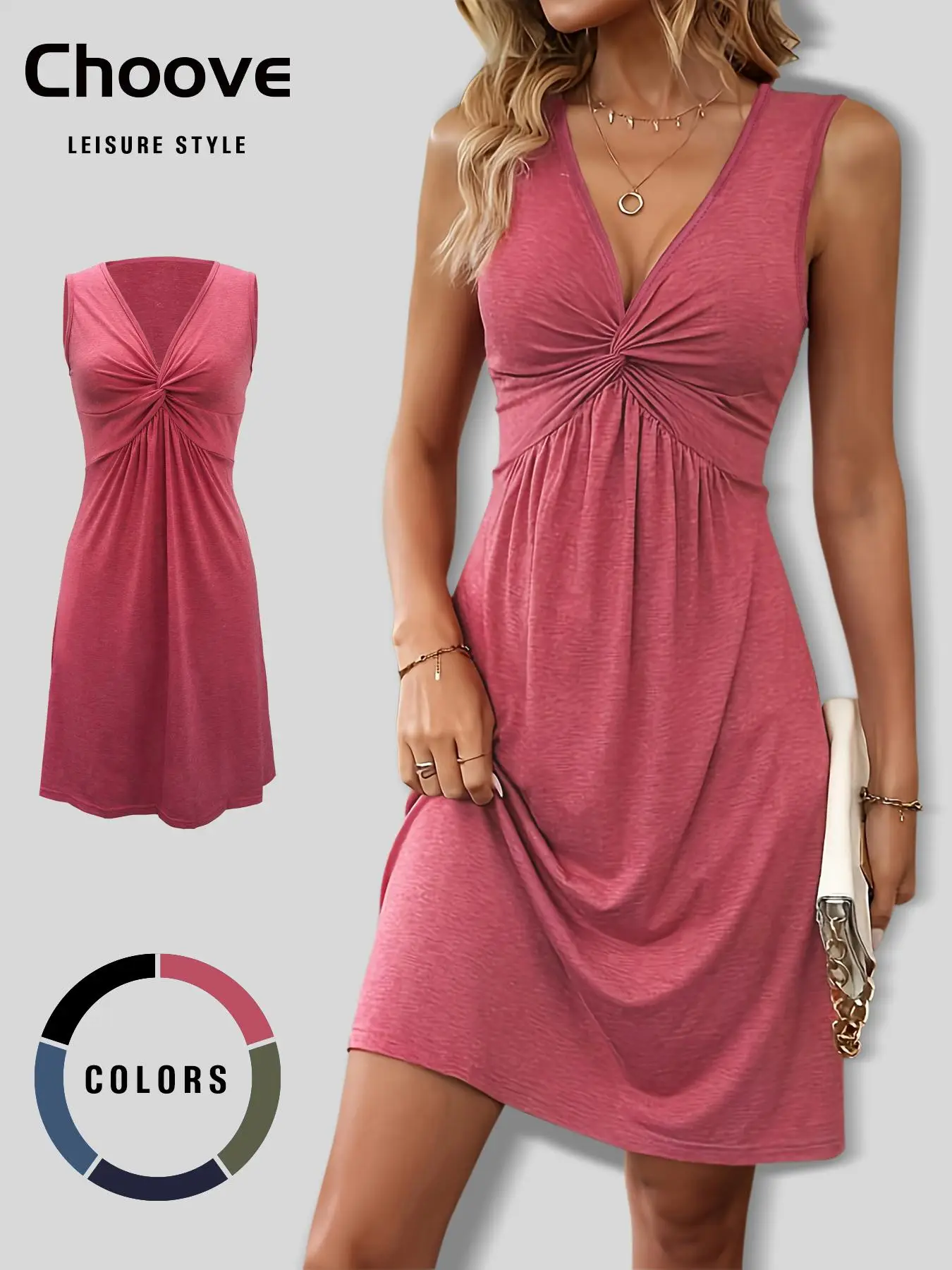 Women's Plain Twist Ruched Deep V Neck Tank Dress, Casual Sleeveless A Line Short Dress for Daily Outdoor Wear, Ladies Clothes for All Seasons