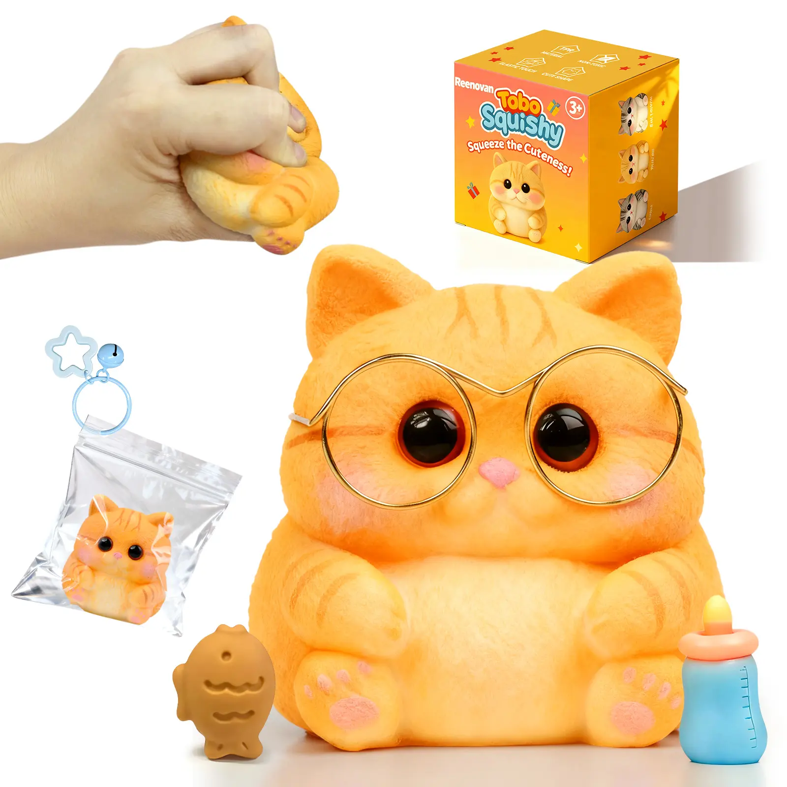 Cute Kawaii Cat Squishy Toy Gift, Stress Relief Sensory Toys for Kids Girls Boys, Christmas Stocking Stuffers, Birthday Party Favor, Adorable Desk Pet
