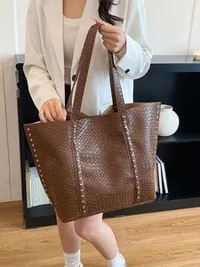 2026 New Studded Tote Bag for Women - Faux Leather Large-Capacity Shoulder & Handbag, All-Match Daily Work Purse