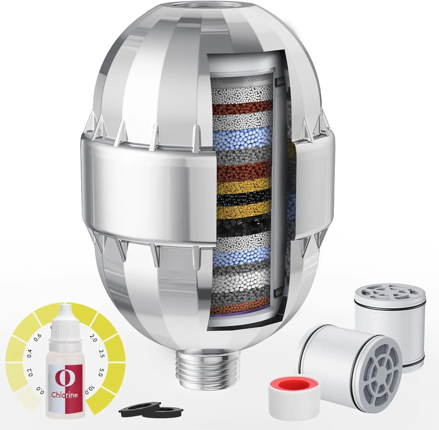 Chrome High-Flow Shower Head Filter, 25-Stage Shower Head Replacement, 99% Cl Removed Chlorine & Harmful Substances Remover, Includes Chlorine Water Quality Testing Reagents, ABS Construction, Improves Skin & Soft Hair