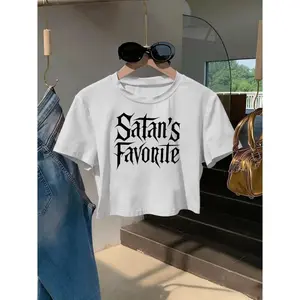 Womens White Cotton Crop Top Short Sleeve Graphic Tee Gothic Letter Print Soft Breathable Y2K Streetwear Outfit Top For Summer Festival Concert Going Out
