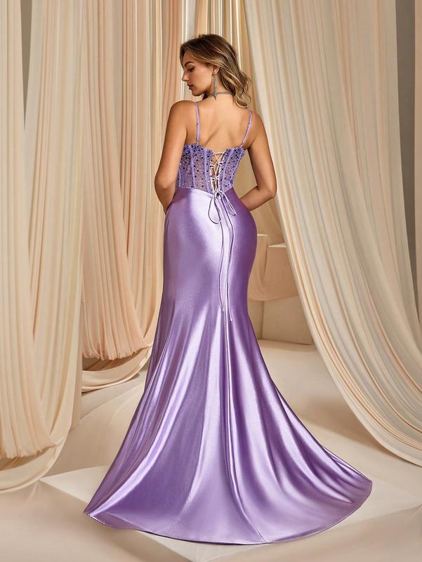 Lavender Spaghetti Strap Mermaid Evening Gown Lace Sequined Bodice Satin Fabric High Slit Formal Event Wear Spring Collection Womenswear Workwear Maxi Basic Minimalist