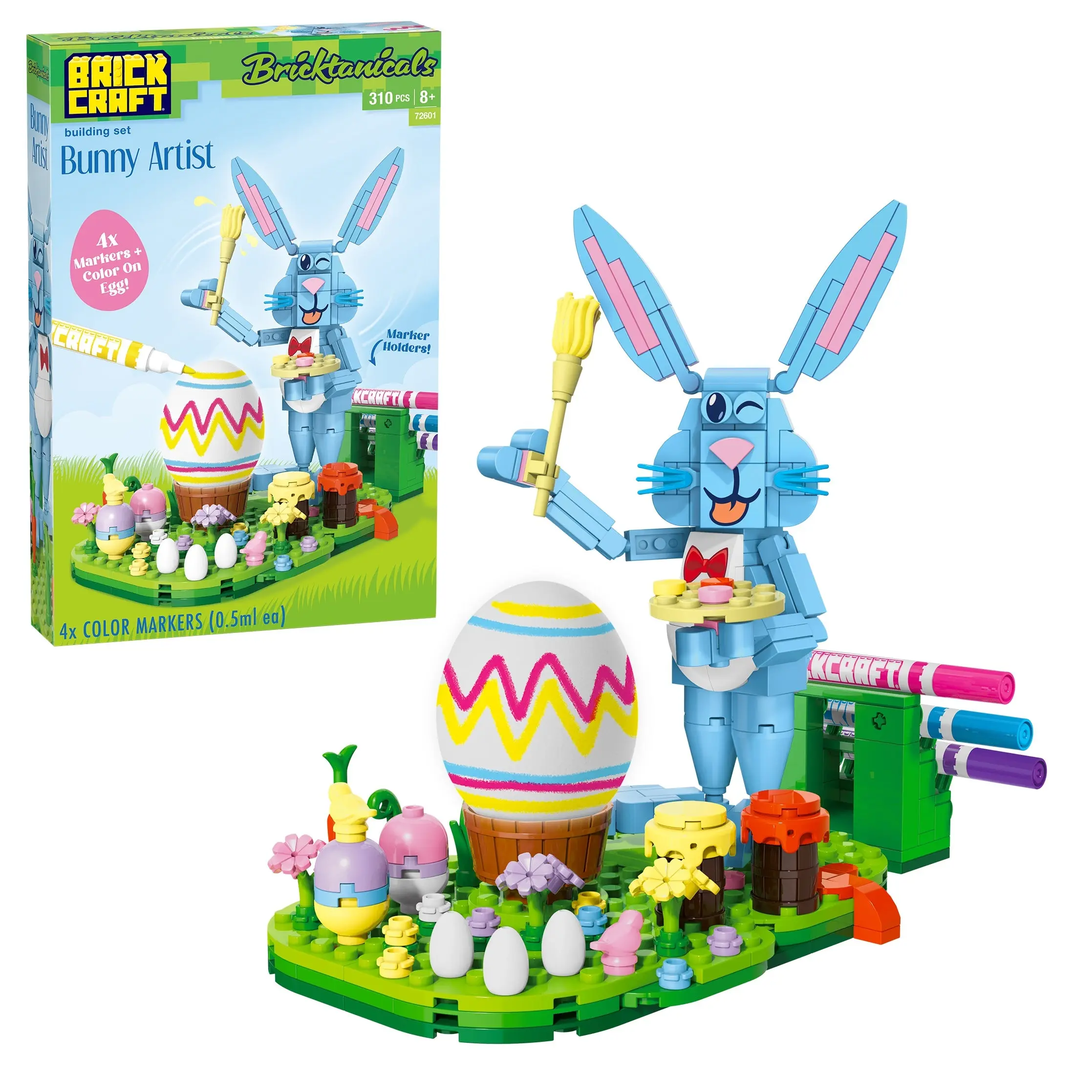 Brickcraft Bricktanicals Bunny Artist Building Set, 310-Piece Posable Easter Bunny with Color-On Egg and 4 Markers for Kids & Adults 8+