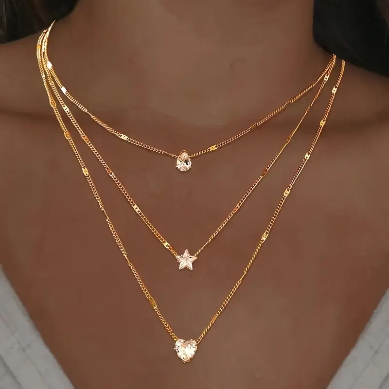 Vintage Trendy Multi-Layered Gold Tone Necklace with Heart, Star and Drop Pendants - Chain Jewelry Necklaces for Festive, Casual Attire